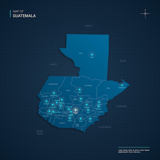 Plik wektorowy mapa gwatemali z niebieskimi punktami świetlnymi neonu - trójkąt na ciemnoniebieskim gradiencie