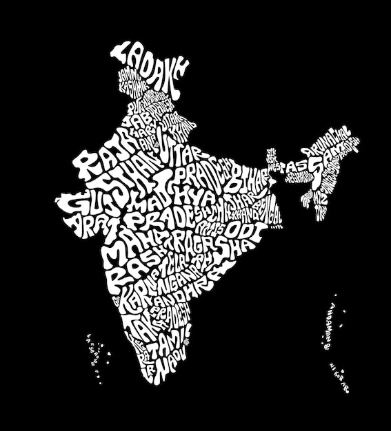 Mapa Indii Ze Wszystkimi Stanami Indii Typografia Nazwy Sztuka Mapa Indii Tekstura Sztuki W Języku Angielskim Czarno-białe Ilustracja Mapa Typografii Indii