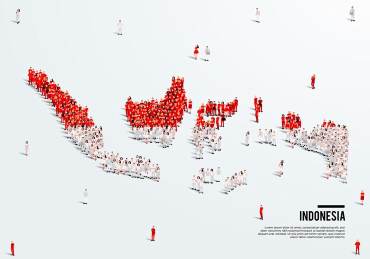 Mapa Indonezji i flaga. Duża grupa ludzi w kolorze flagi indonezyjskiej tworzy mapę.