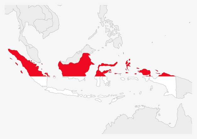 Mapa Indonezji Wyróżniona Kolorami Flagi Indonezji, Szara Mapa Z Krajami Sąsiednimi