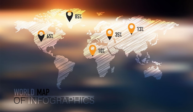 Mapa infograficzna świata z etykietami procentowymi dla różnych regionów na tle nieba