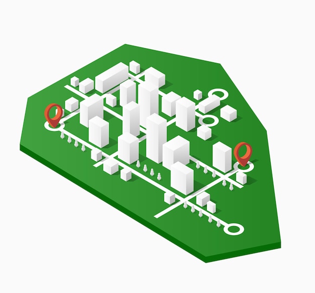 Mapa izometryczna miasta, składająca się ze wskaźnika bloków miejskich wieżowców i wskazówek dojazdu