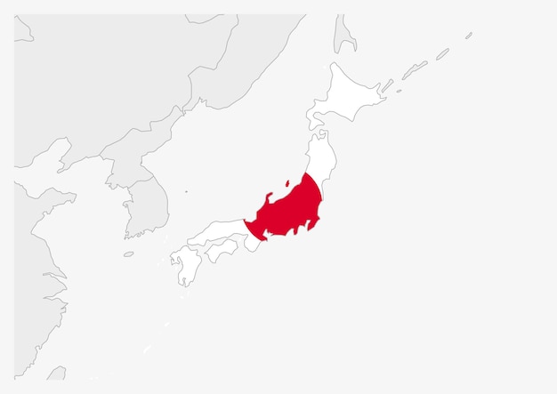 Mapa Japonii Wyróżniona Kolorami Flagi Japonii, Szara Mapa Z Krajami Sąsiednimi