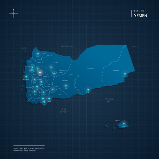 Mapa Jemenu Z Niebieskimi Punktami światła Neonowego