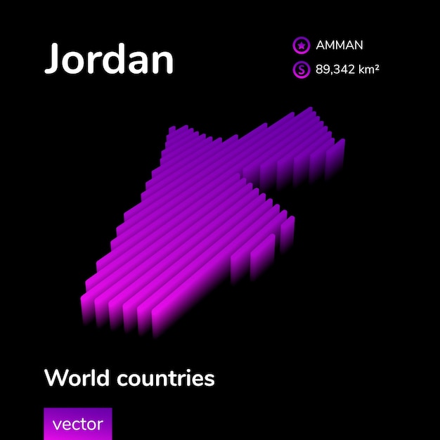 Mapa Jordanii 3d Stylizowana Izometryczna Wektorowa Mapa 3d Jordanii W Neonowych Fioletowych Kolorach Na Czarnym Tle Mapa Geograficzna