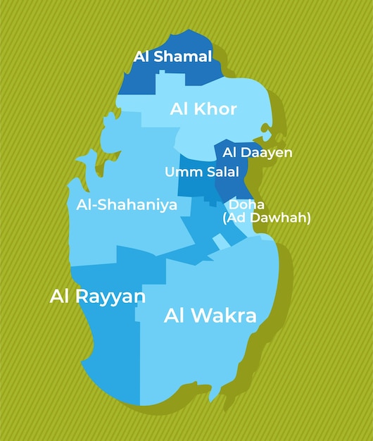 Plik wektorowy mapa kataru z nazwami regionów niebieska mapa polityczna zielony ilustracja wektorowa tła