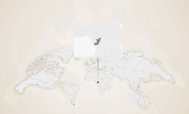 Plik wektorowy mapa konga z sąsiednimi krajami przypiętymi na mapie świata