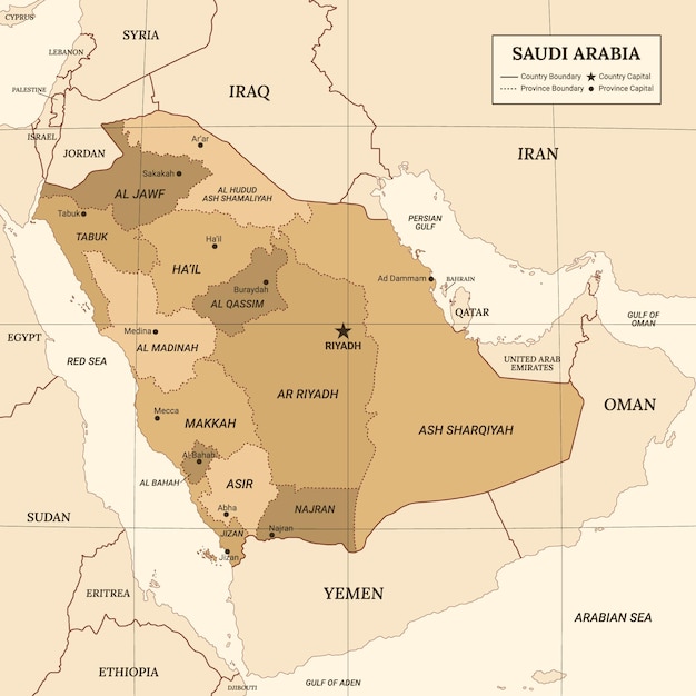 Mapa Kraju Arabii Saudyjskiej Z Otaczającą Granicą