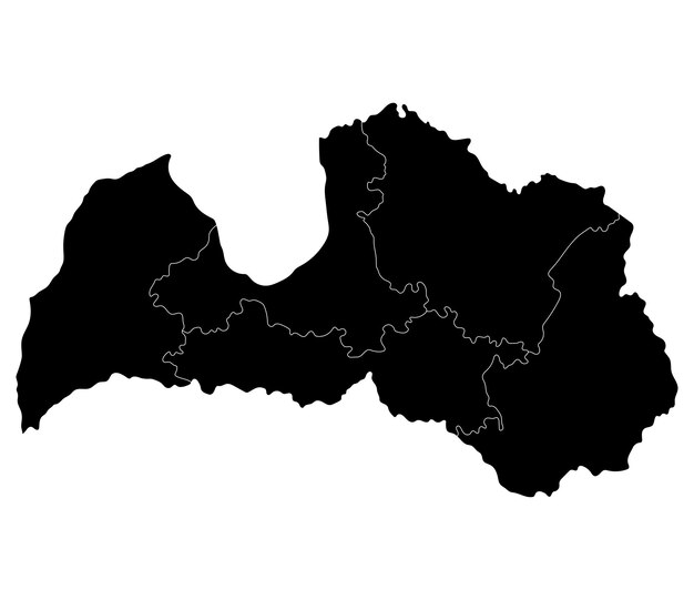 Mapa Łotwy podzielona na pięć głównych regionów w kolorze czarnym