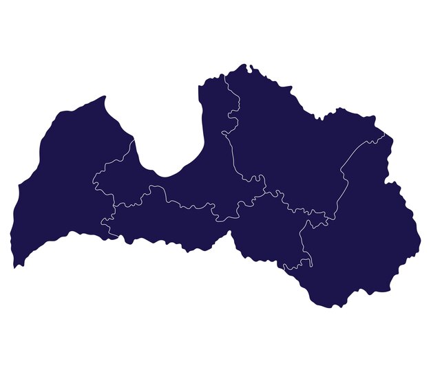 Mapa Łotwy podzielona na pięć głównych regionów w kolorze niebieskim