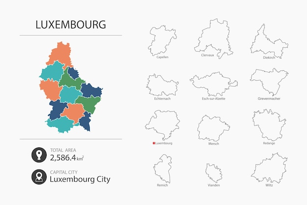 Plik wektorowy mapa luksemburga ze szczegółową mapą kraju elementy mapy miast całkowitych powierzchni i stolicy