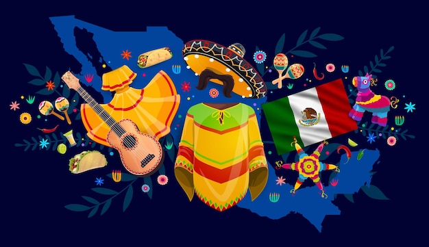 Mapa Meksyku Z Kostiumami Narodowymi Jedzenie I Instrumenty Muzyczne Wektor Meksykańskie Podróże Turystyka I Wakacje Flaga Kreskówki Pinata Sombrero I Gitara Maracas Papryka Chili Tequila Tex Mex Taco