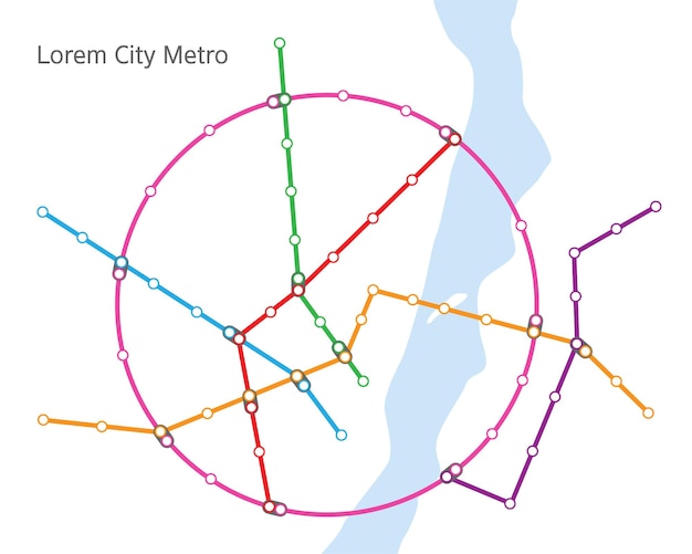 Plik wektorowy mapa metra, plan linii metra ze stacjami i przejściami. wektor schemat abstrakcyjnych tras transportu podziemnego miasta. mapa miasta z kolejami rzecznymi i metrem