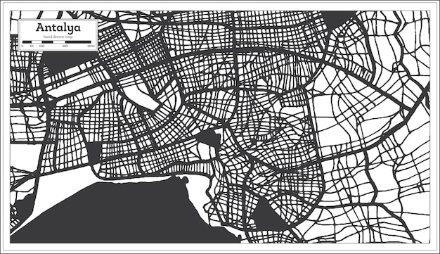 Mapa Miasta Antalya W Turcji W Kolorze Czarno-białym W Stylu Retro Mapa Konturowa