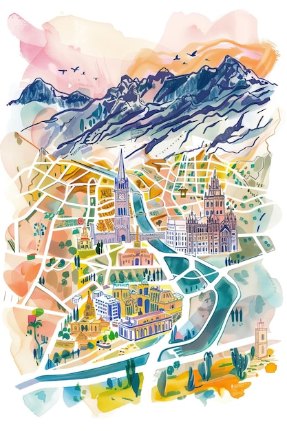 Plik wektorowy mapa miasta górna mapka podróżna w stylu słynnych szkiców