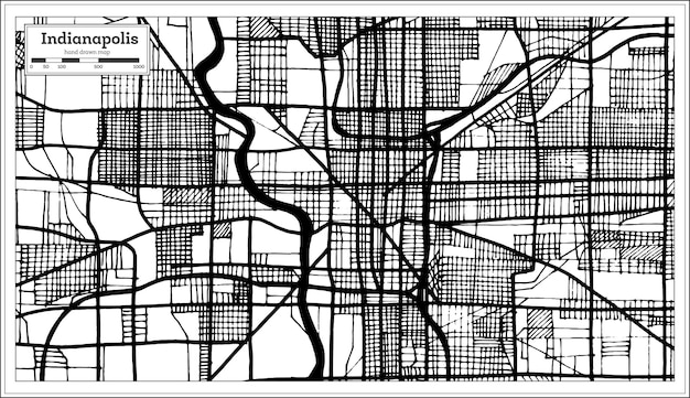 Mapa Miasta Indianapolis Usa W Stylu Retro Czarno-biały Kolor. Mapa Przeglądowa. Ilustracja Wektorowa.