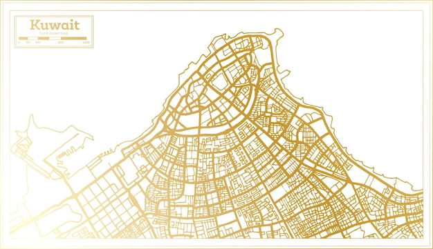 Plik wektorowy mapa miasta kuwejtu w stylu retro w złotym kolorze mapa konturowa