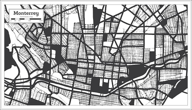 Mapa Miasta Monterrey W Meksyku W Kolorze Czarno-białym W Stylu Retro Mapa Konturowa