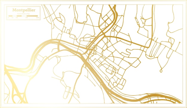 Plik wektorowy mapa miasta montpellier we francji w stylu retro w złotym kolorze mapa konturowa
