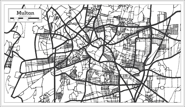 Mapa Miasta Multan Pakistan W Stylu Retro W Kolorze Czarno-białym. Mapa Przeglądowa. Ilustracja Wektorowa.