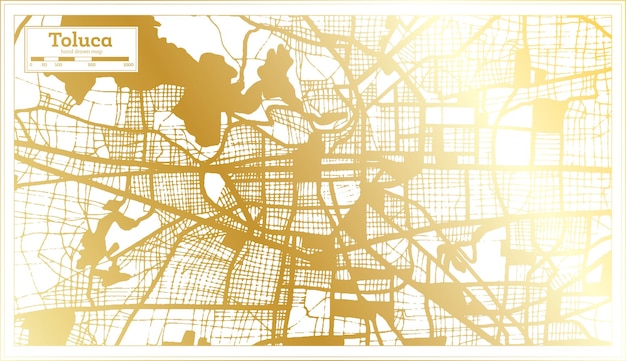 Plik wektorowy mapa miasta toluca w meksyku w stylu retro w mapie konturowej w kolorze złotym