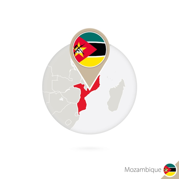 Mapa Mozambiku I Flaga W Koło. Mapa Mozambiku, Pin Flaga Mozambiku. Mapa Mozambiku W Stylu Globu. Ilustracja Wektorowa.