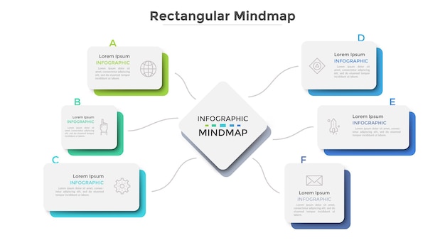 Mapa Myśli Z Sześcioma Papierowymi Białymi Elementami Połączonymi Z Centralnym Prostokątem. Nowoczesny Schemat Organizacji Informacji Biznesowej. Prosty Szablon Projektu Plansza. Ilustracja Wektorowa Do Prezentacji.