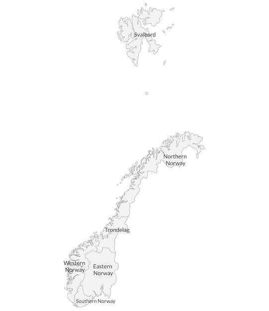 Mapa Norwegii Podzielona Na Sześć Głównych Regionów W Kolorze Białym