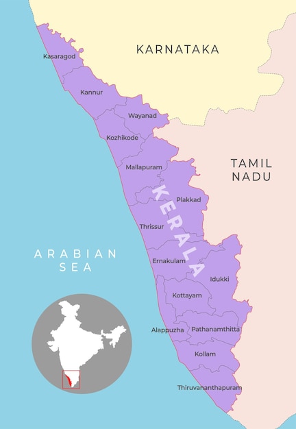 Mapa Okręgów Kerali Z Sąsiednim Stanem