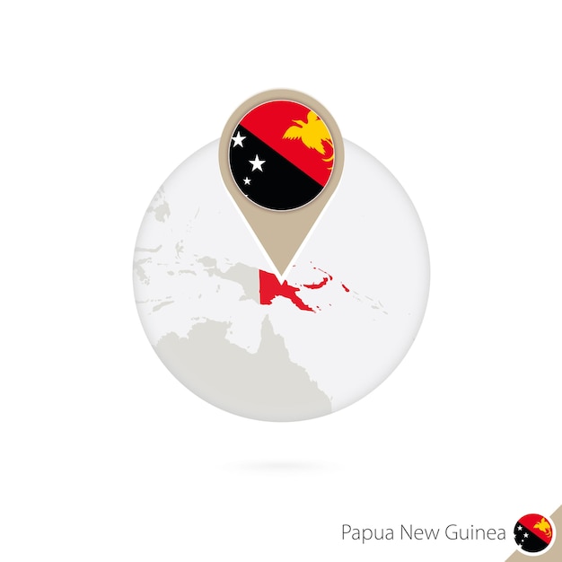 Mapa Papui-Nowej Gwinei i flaga w okręgu. Mapa Papui Nowej Gwinei, Papua Nowa Gwinea przypinka flaga. Mapa Papui Nowej Gwinei w stylu globu. Ilustracja wektorowa.