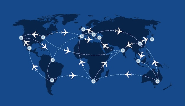 Plik wektorowy mapa podróży po świecie z trasami lotu samolotów i markerami wektorowymi