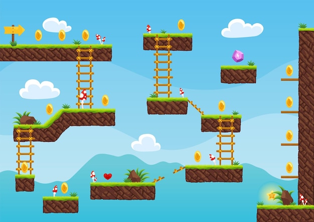 Mapa poziomu gry Arcade 2d gra wideo dla starego komputera lub konsoli Cartoon komputer lub mobilny arcade z dodatkowymi przedmiotami skakanie droga do celu gra Wektor kreskówka ilustracja
