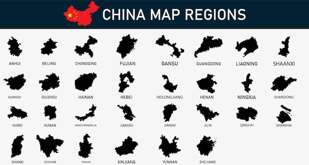 Mapa regionów Chin ustawić zarys sylwetki ilustracji wektorowych