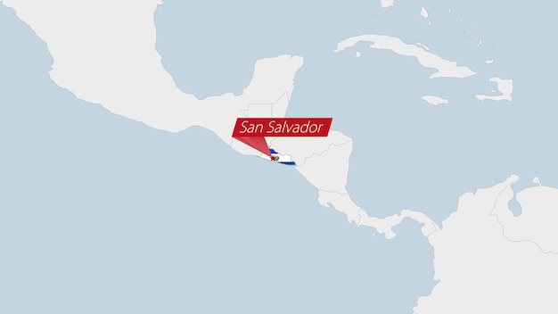 Mapa Salwadoru Wyróżniona Kolorami Flagi Salwadoru I Pinezką Stolicy Kraju San Salvador