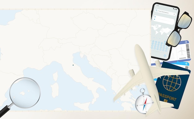 Mapa San Marino i samolot towarowy z flagą na szczegółowej mapie San Marino z flagą
