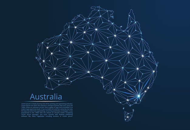 Mapa sieci komunikacyjnej Australii Wektor low poly obraz globalnej mapy ze światłami