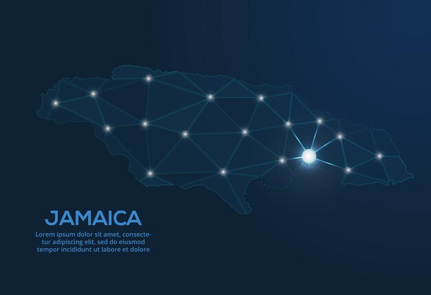 Mapa sieci komunikacyjnej Jamajki Wektorowy obraz low poly mapy globalnej ze światłami w postaci miast Mapa w postaci niemej konstelacji i gwiazd