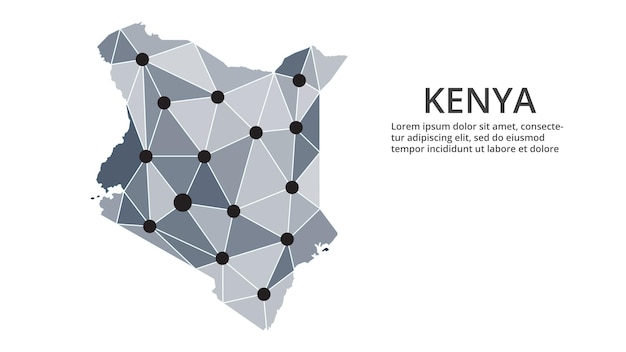 Mapa sieci komunikacyjnej Kenii Obraz wektorowy globalnej mapy low poly ze światłami miasta Mapa w postaci trójkątów i kropek