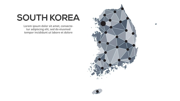 Mapa sieci komunikacyjnej Korei Południowej Obraz wektorowy globalnej mapy low poly z światłami miasta Mapa w formie trójkątów i kropek