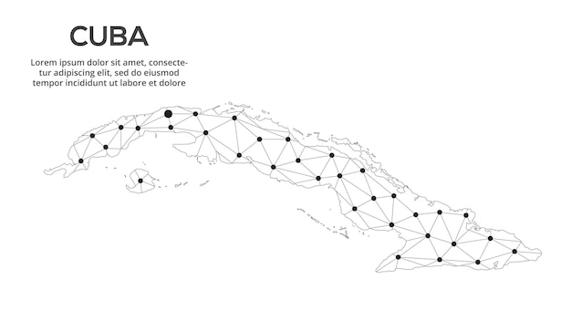 Mapa sieci komunikacyjnej Kuby Obraz wektorowy globalnej mapy low poly ze światłami miasta Mapa w postaci linii i kropek
