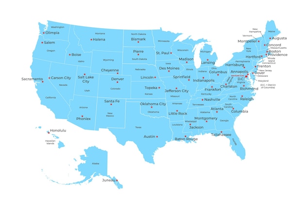 Mapa Stanów Zjednoczonych Ameryki ze stanami i stolicami. Ilustrator wektor.