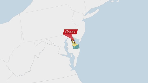 Mapa Stanu Delaware W Usa Wyróżniona Kolorami Flagi Stanu Delaware I Pinezką Stolicy Kraju Dover