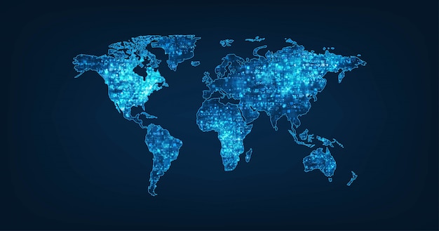 Plik wektorowy mapa świata na ciemnym niebieskim tle.
