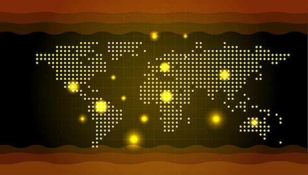 Mapa świata utworzona przez żółte kropki na siatkowej Koncepcyjnej mapie świata wskazującej globalne ocieplenie