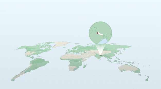 Mapa świata W Perspektywie Pokazująca Położenie Kraju Nepal Ze Szczegółową Mapą Z Flagą Nepalu