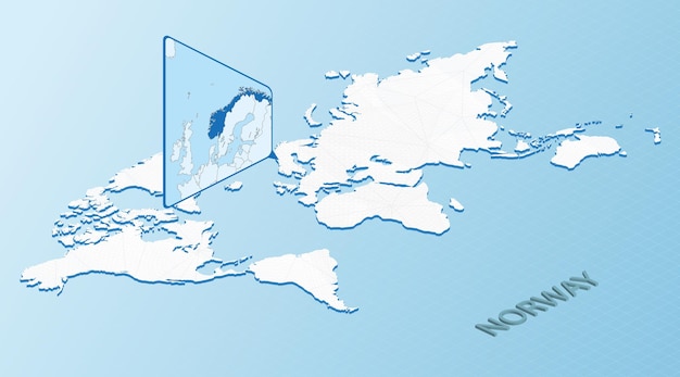 Mapa świata W Stylu Izometrycznym Ze Szczegółową Mapą Norwegii Jasnoniebieska Mapa Norwegii Z Abstrakcyjną Mapą świata