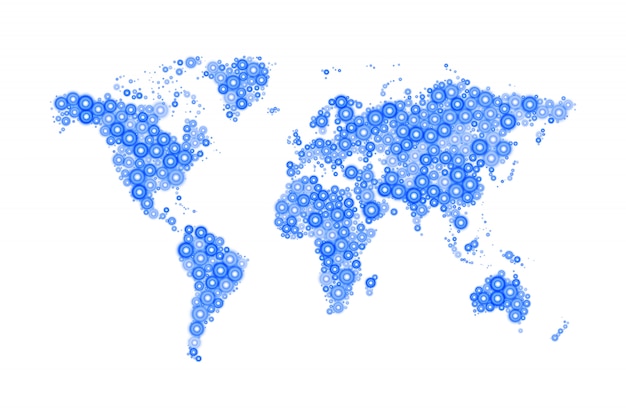 Plik wektorowy mapa świata wykonana z nowoczesnych niebieskich kółek o różnych rozmiarach z jasnym, świecącym na biało