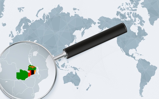 Mapa świata Wyśrodkowana Na Azji Z Powiększonym Szkłem Na Zambii Skupić Się Na Mapie Zambii Na Mapie świata Pacificcentric