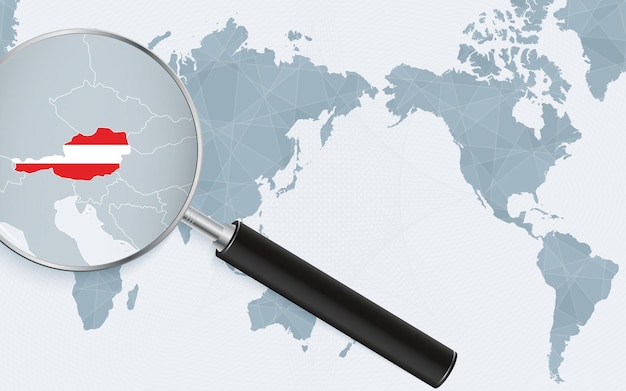 Plik wektorowy mapa świata wyśrodkowana w azji z powiększonym szkłem na austrii skup się na mapie austrii na pacificcentric world map