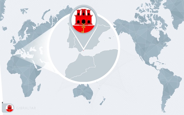 Mapa świata Wyśrodkowanego Na Pacyfiku Z Powiększonym Gibraltarem. Flaga I Mapa Gibraltaru.